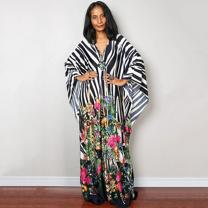 2023 Print Maxi Dress Batwing Sleeve Tunic Spring/Autumn Beach Dress Tunic Casual plus Size Women Beachwear Kaftan Sarongs