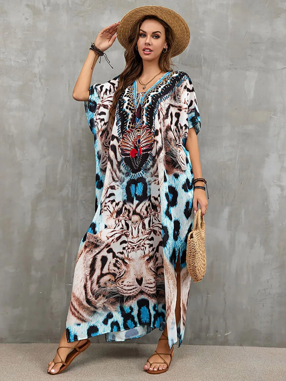 2023 Priint Maxi Dress Beach Cover up Kaftan Robe Plage Pareos V Neck Long Dresses Summer Women Bathing Suit Cover up Beachwear