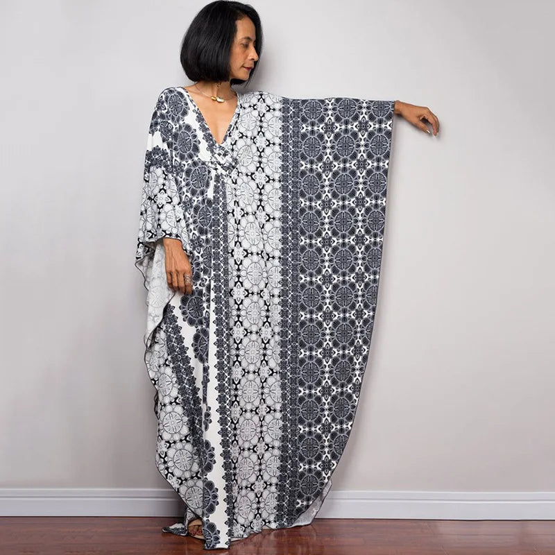 2023 Print Maxi Dress Batwing Sleeve Tunic Spring/Autumn Beach Dress Tunic Casual plus Size Women Beachwear Kaftan Sarongs