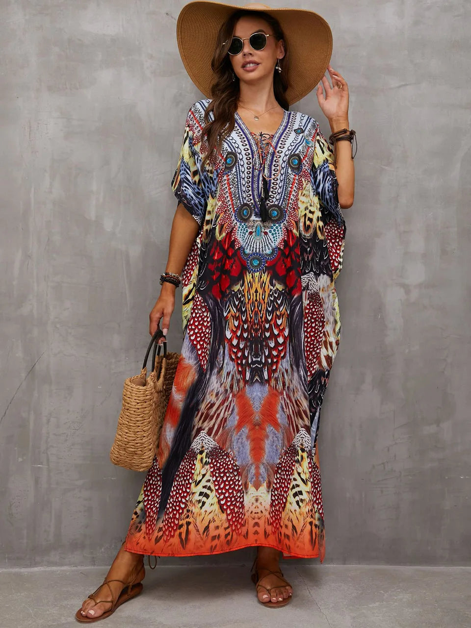2023 Priint Maxi Dress Beach Cover up Kaftan Robe Plage Pareos V Neck Long Dresses Summer Women Bathing Suit Cover up Beachwear