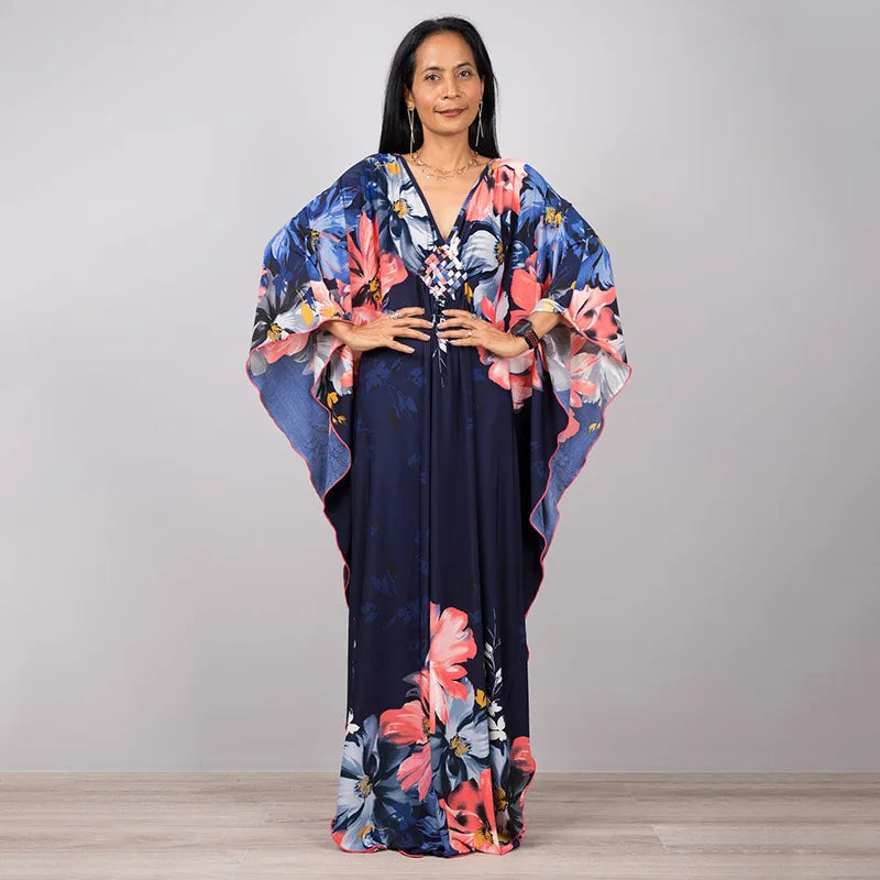 2023 Print Maxi Dress Batwing Sleeve Tunic Spring/Autumn Beach Dress Tunic Casual plus Size Women Beachwear Kaftan Sarongs