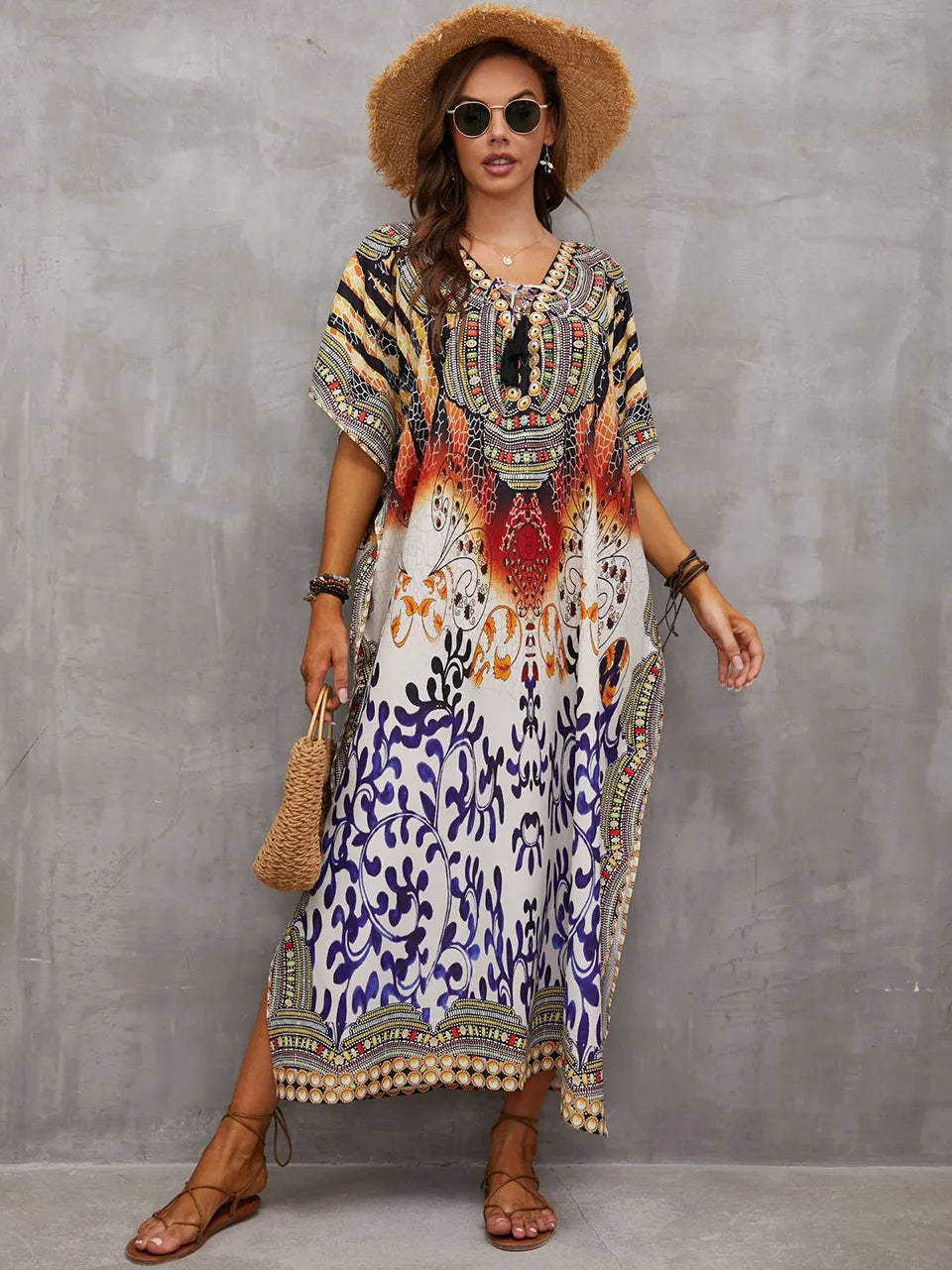 2023 Priint Maxi Dress Beach Cover up Kaftan Robe Plage Pareos V Neck Long Dresses Summer Women Bathing Suit Cover up Beachwear
