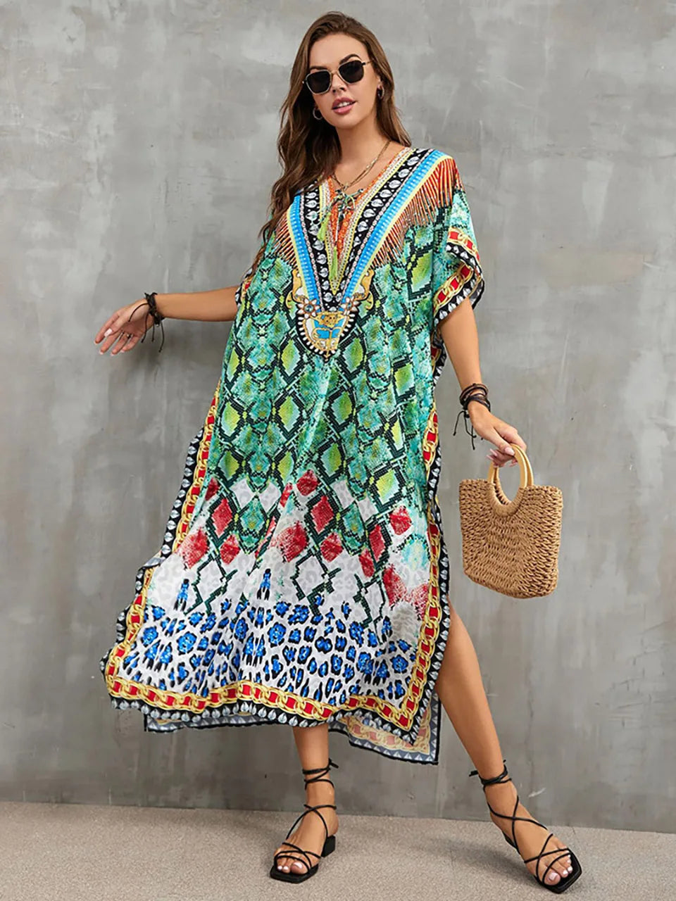 2023 Priint Maxi Dress Beach Cover up Kaftan Robe Plage Pareos V Neck Long Dresses Summer Women Bathing Suit Cover up Beachwear
