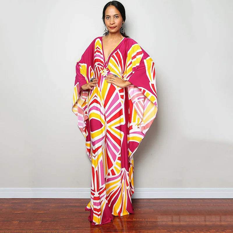 2023 Print Maxi Dress Batwing Sleeve Tunic Spring/Autumn Beach Dress Tunic Casual plus Size Women Beachwear Kaftan Sarongs