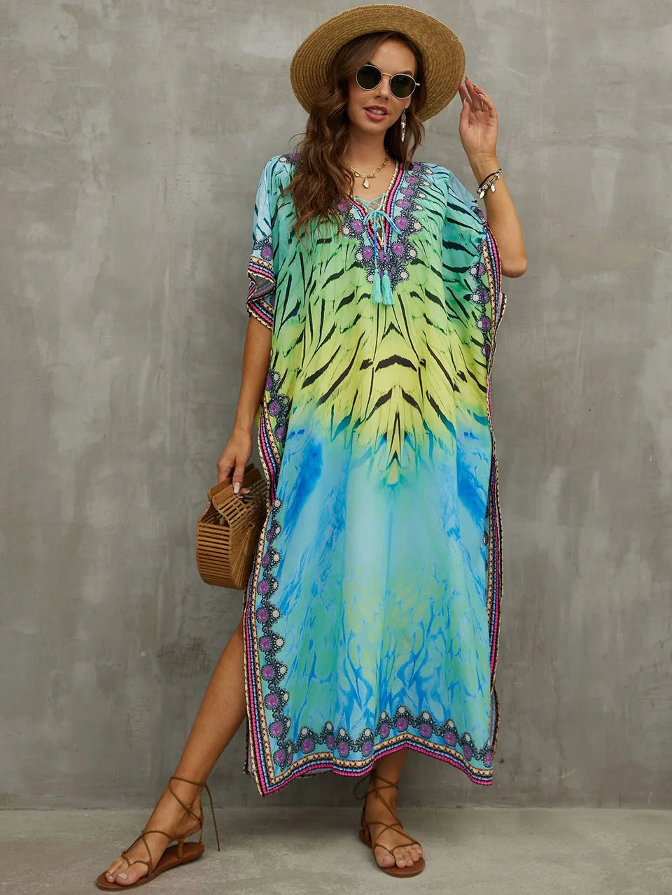 2023 Priint Maxi Dress Beach Cover up Kaftan Robe Plage Pareos V Neck Long Dresses Summer Women Bathing Suit Cover up Beachwear