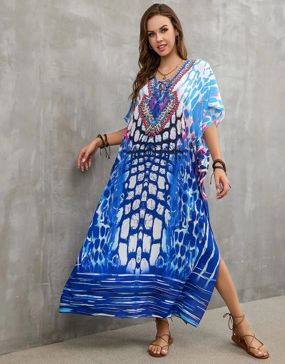 2023 Priint Maxi Dress Beach Cover up Kaftan Robe Plage Pareos V Neck Long Dresses Summer Women Bathing Suit Cover up Beachwear