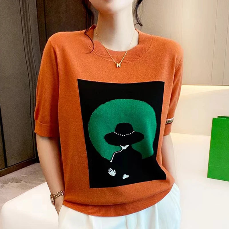 Contrast Color Women Knitted Short Sleeve T Shirt O Neck Elastic T-Shirt Summer Womens Tops Casual Woman Clothes Tee Shirt Femme