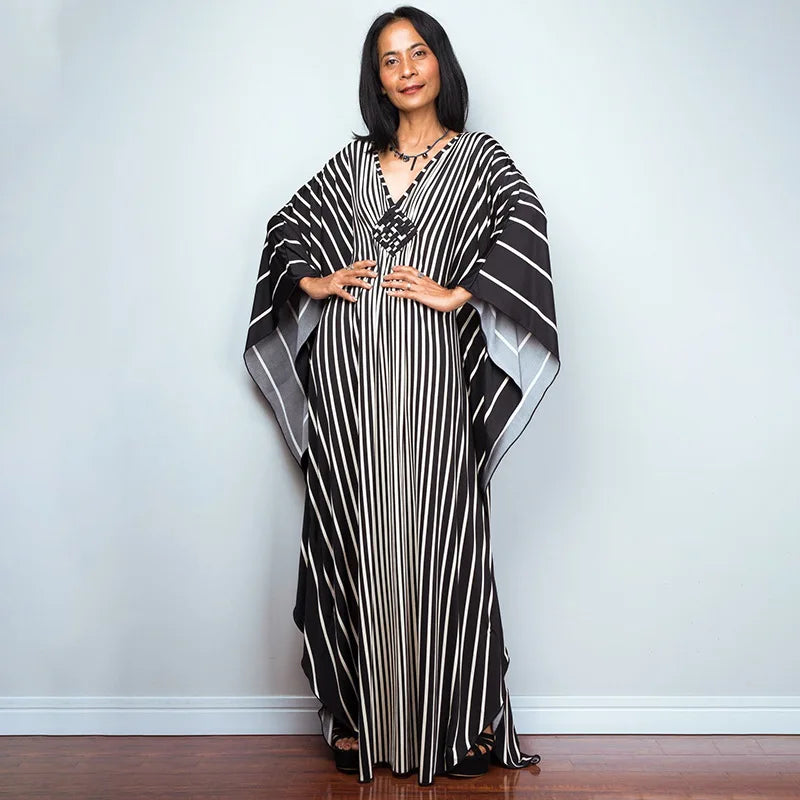 2023 Print Maxi Dress Batwing Sleeve Tunic Spring/Autumn Beach Dress Tunic Casual plus Size Women Beachwear Kaftan Sarongs