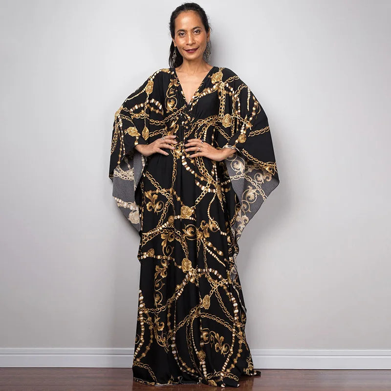 2023 Print Maxi Dress Batwing Sleeve Tunic Spring/Autumn Beach Dress Tunic Casual plus Size Women Beachwear Kaftan Sarongs