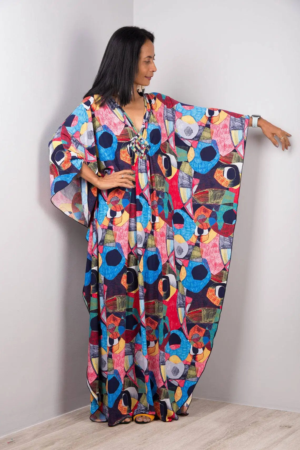 2023 Print Maxi Dress Batwing Sleeve Tunic Spring/Autumn Beach Dress Tunic Casual plus Size Women Beachwear Kaftan Sarongs