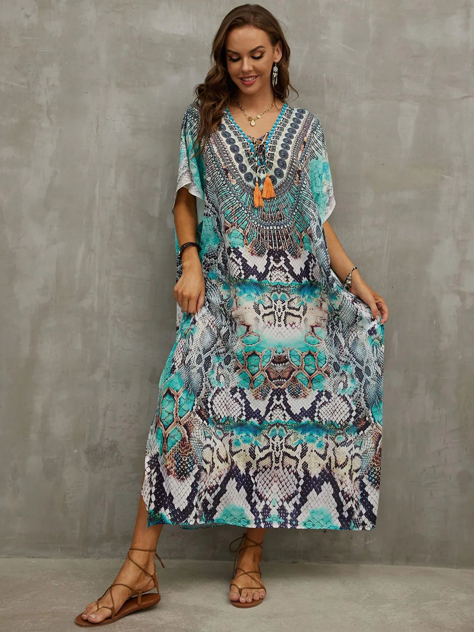 2023 Priint Maxi Dress Beach Cover up Kaftan Robe Plage Pareos V Neck Long Dresses Summer Women Bathing Suit Cover up Beachwear