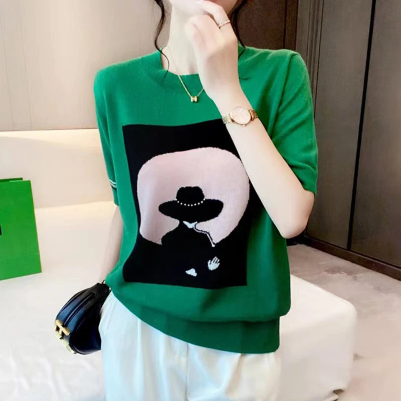 Contrast Color Women Knitted Short Sleeve T Shirt O Neck Elastic T-Shirt Summer Womens Tops Casual Woman Clothes Tee Shirt Femme
