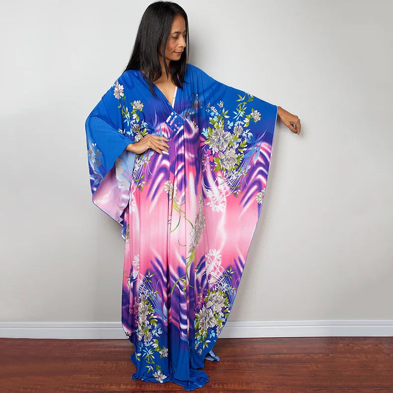 2023 Print Maxi Dress Batwing Sleeve Tunic Spring/Autumn Beach Dress Tunic Casual plus Size Women Beachwear Kaftan Sarongs