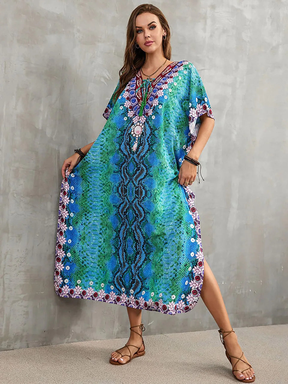 2023 Priint Maxi Dress Beach Cover up Kaftan Robe Plage Pareos V Neck Long Dresses Summer Women Bathing Suit Cover up Beachwear