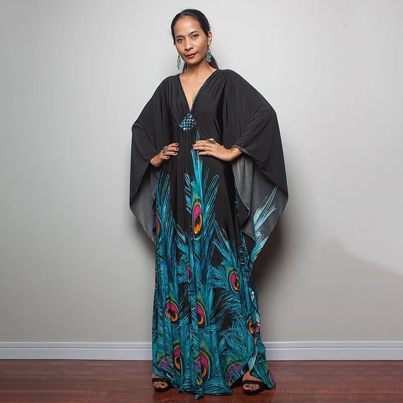 2023 Print Maxi Dress Batwing Sleeve Tunic Spring/Autumn Beach Dress Tunic Casual plus Size Women Beachwear Kaftan Sarongs