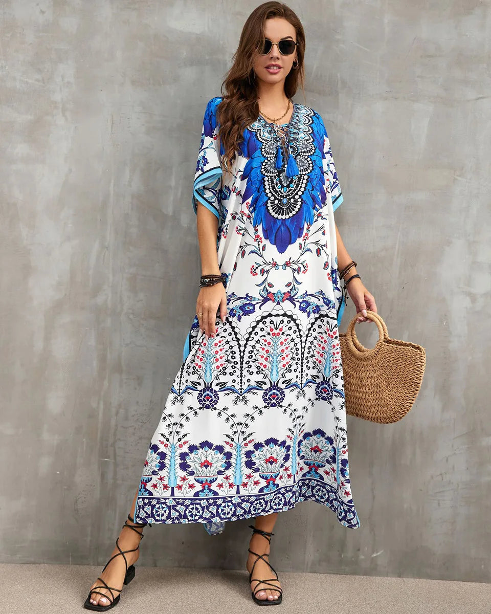 2023 Priint Maxi Dress Beach Cover up Kaftan Robe Plage Pareos V Neck Long Dresses Summer Women Bathing Suit Cover up Beachwear