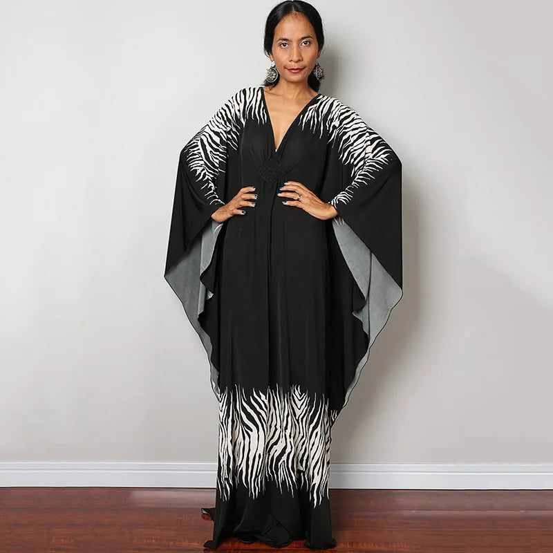 2023 Print Maxi Dress Batwing Sleeve Tunic Spring/Autumn Beach Dress Tunic Casual plus Size Women Beachwear Kaftan Sarongs