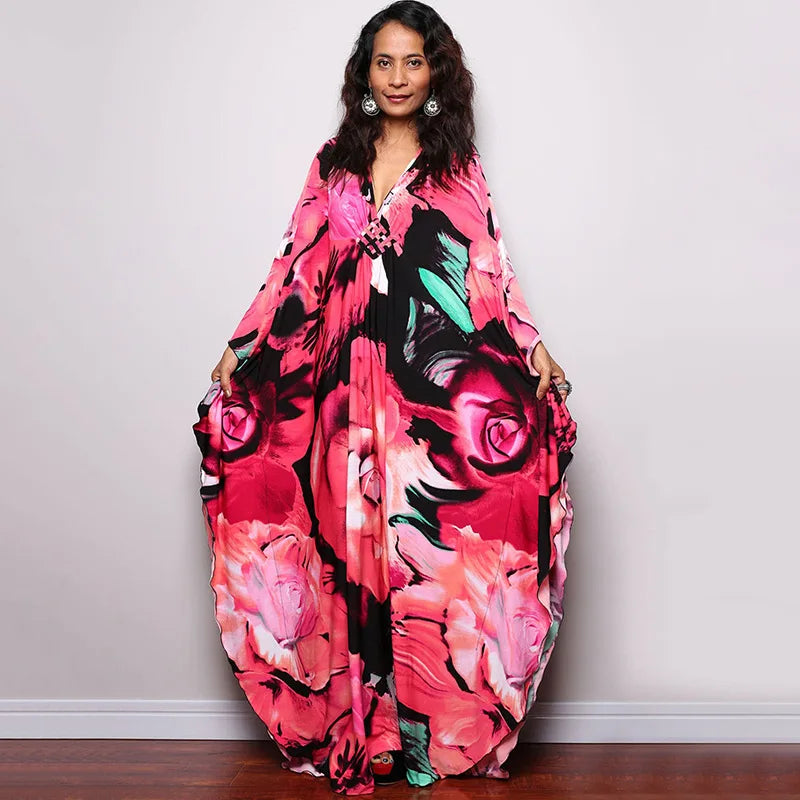 2023 Print Maxi Dress Batwing Sleeve Tunic Spring/Autumn Beach Dress Tunic Casual plus Size Women Beachwear Kaftan Sarongs