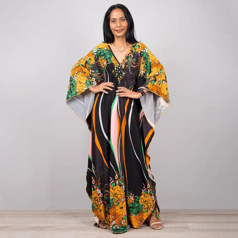 2023 Print Maxi Dress Batwing Sleeve Tunic Spring/Autumn Beach Dress Tunic Casual plus Size Women Beachwear Kaftan Sarongs
