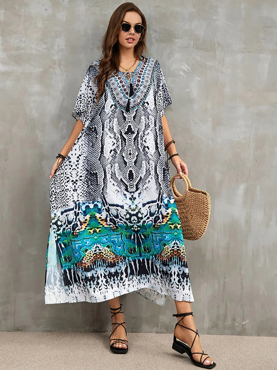 2023 Priint Maxi Dress Beach Cover up Kaftan Robe Plage Pareos V Neck Long Dresses Summer Women Bathing Suit Cover up Beachwear