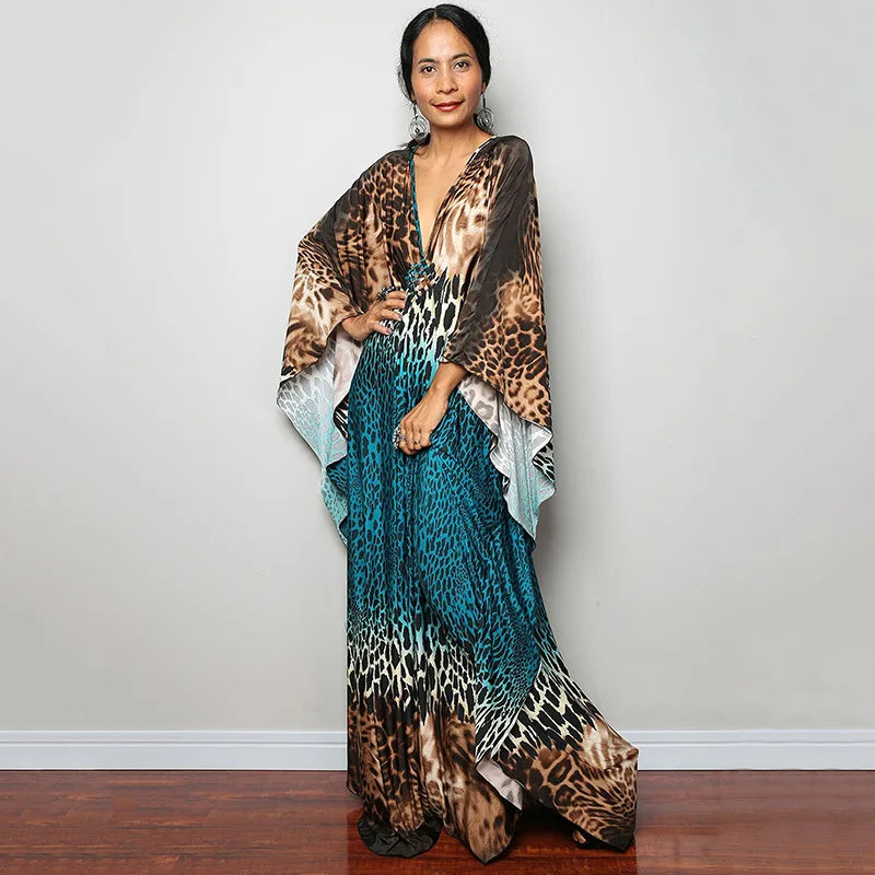 2023 Print Maxi Dress Batwing Sleeve Tunic Spring/Autumn Beach Dress Tunic Casual plus Size Women Beachwear Kaftan Sarongs