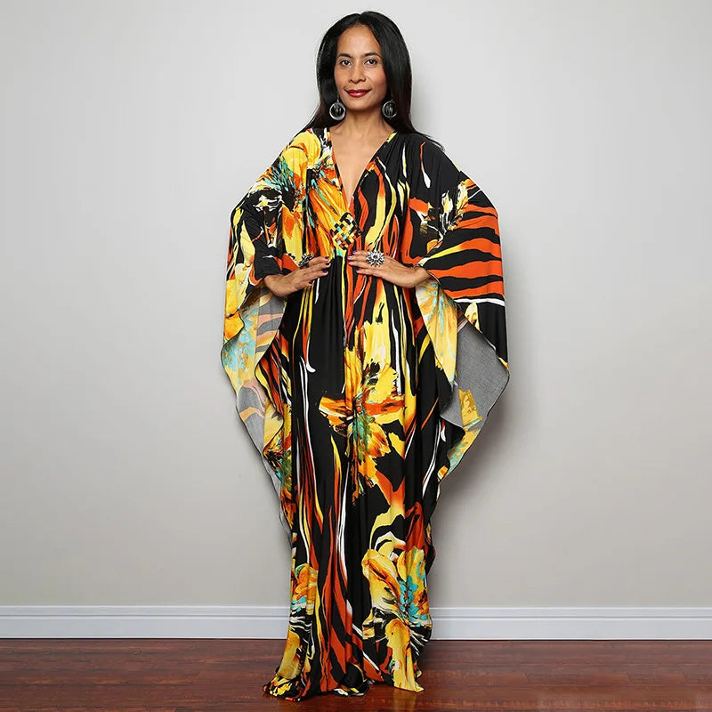 2023 Print Maxi Dress Batwing Sleeve Tunic Spring/Autumn Beach Dress Tunic Casual plus Size Women Beachwear Kaftan Sarongs