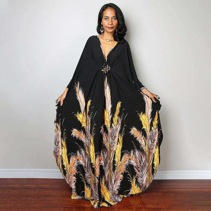 2023 Print Maxi Dress Batwing Sleeve Tunic Spring/Autumn Beach Dress Tunic Casual plus Size Women Beachwear Kaftan Sarongs