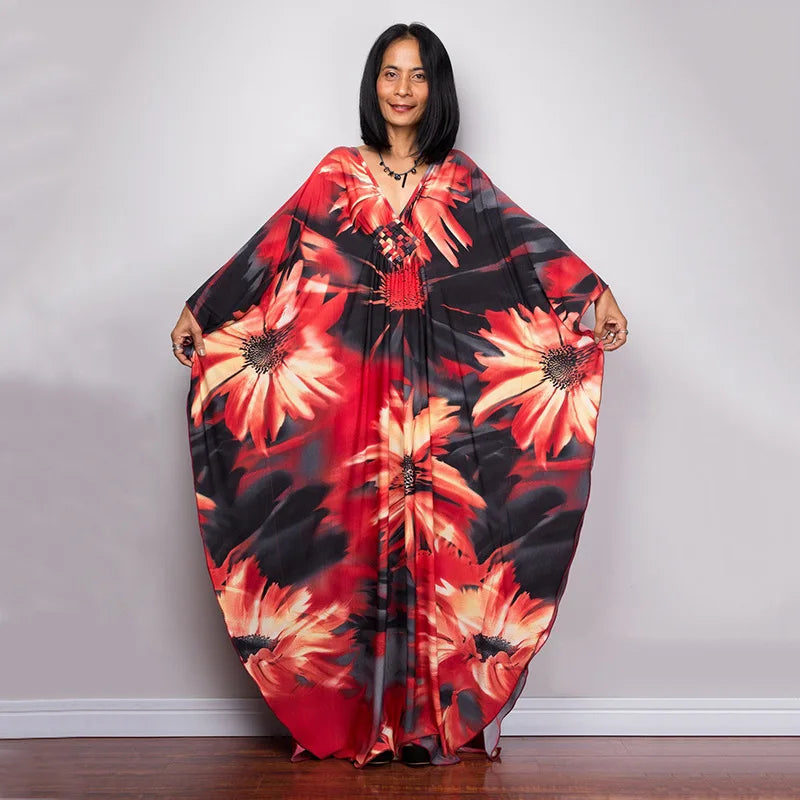 2023 Print Maxi Dress Batwing Sleeve Tunic Spring/Autumn Beach Dress Tunic Casual plus Size Women Beachwear Kaftan Sarongs