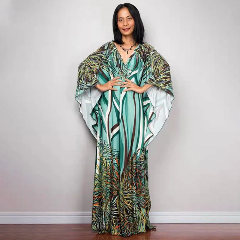 2023 Print Maxi Dress Batwing Sleeve Tunic Spring/Autumn Beach Dress Tunic Casual plus Size Women Beachwear Kaftan Sarongs