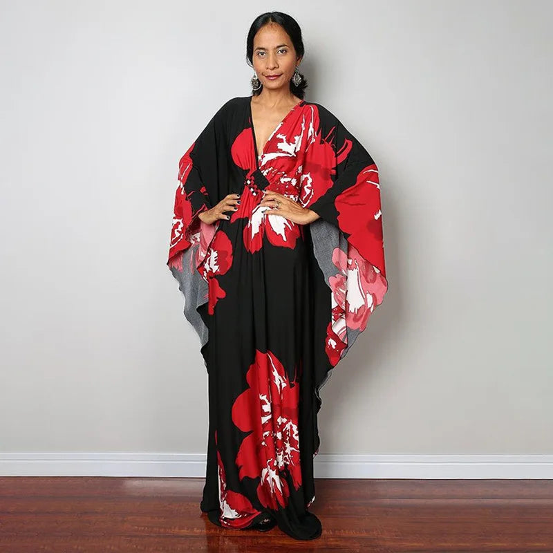 2023 Print Maxi Dress Batwing Sleeve Tunic Spring/Autumn Beach Dress Tunic Casual plus Size Women Beachwear Kaftan Sarongs