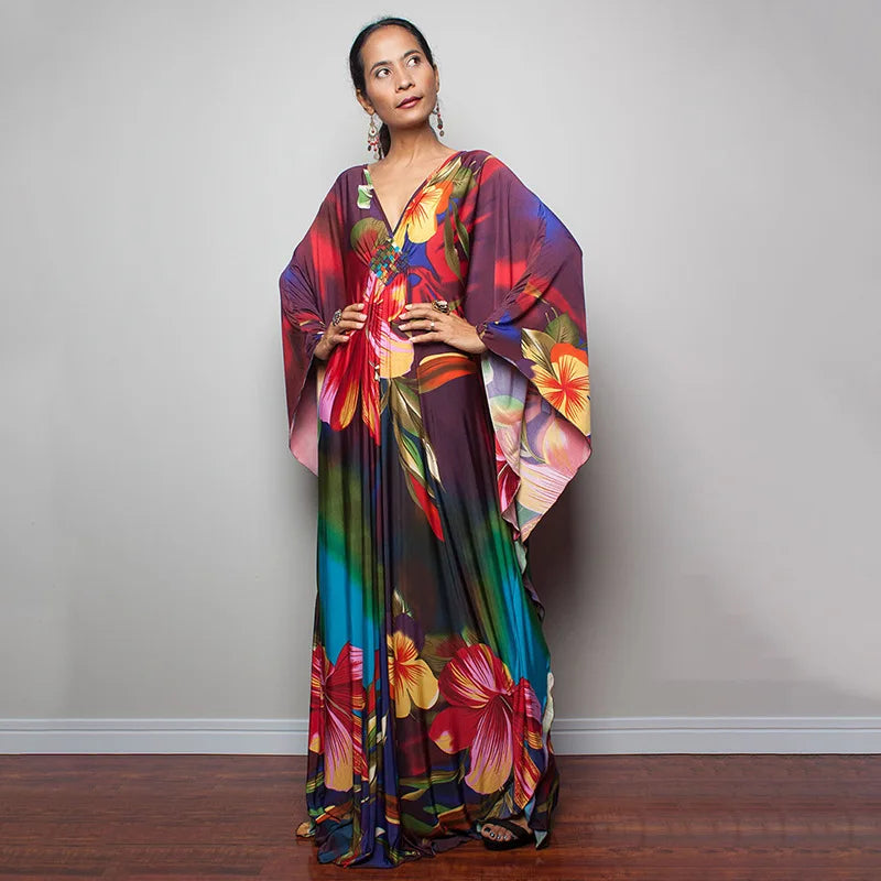 2023 Print Maxi Dress Batwing Sleeve Tunic Spring/Autumn Beach Dress Tunic Casual plus Size Women Beachwear Kaftan Sarongs