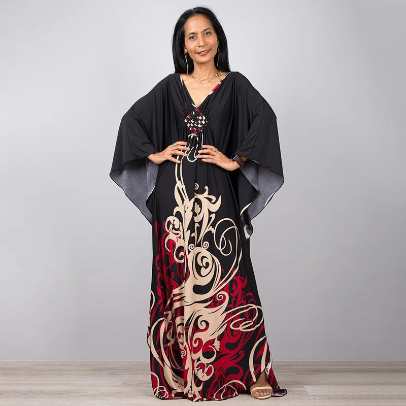 2023 Print Maxi Dress Batwing Sleeve Tunic Spring/Autumn Beach Dress Tunic Casual plus Size Women Beachwear Kaftan Sarongs