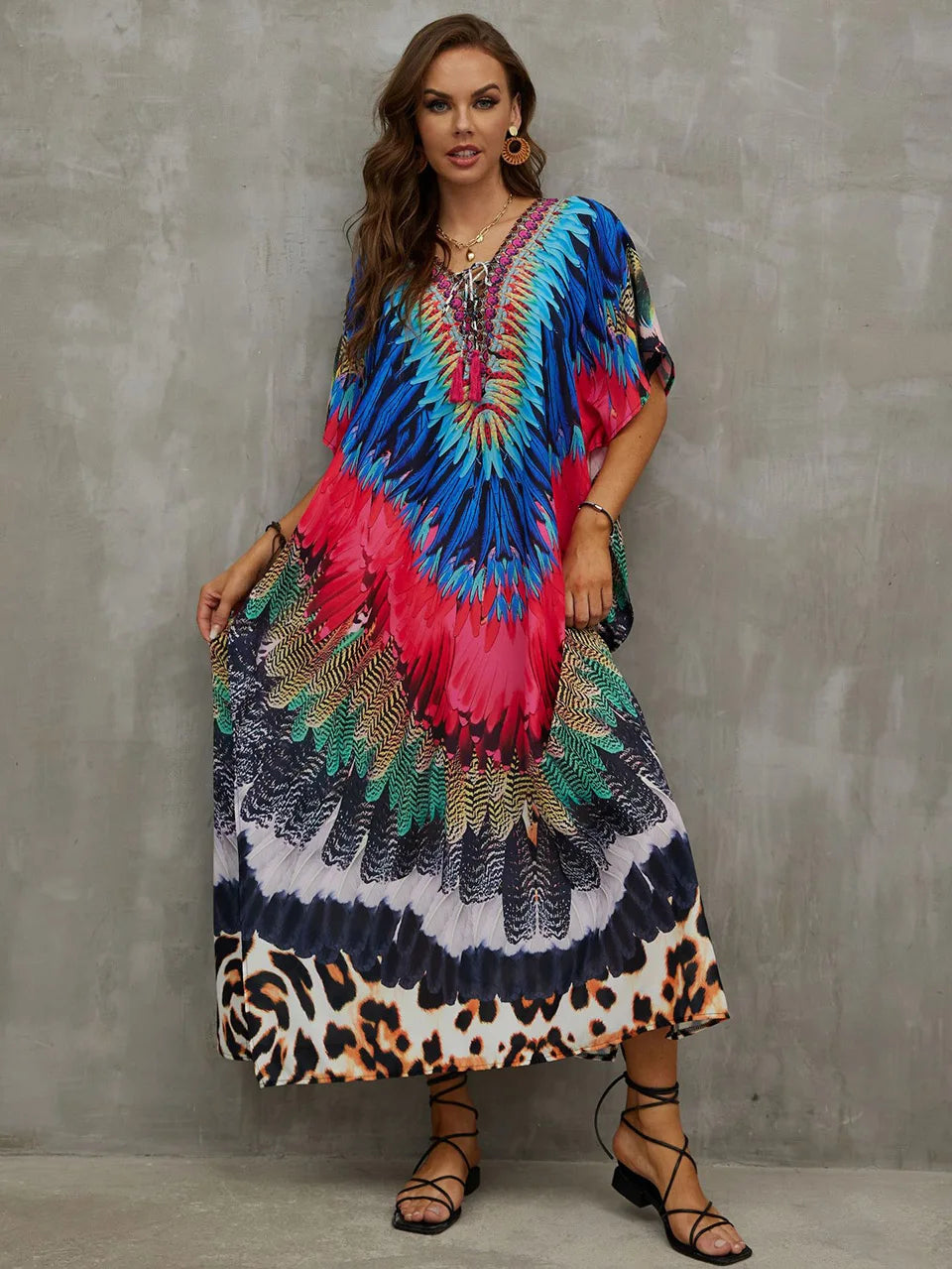 2023 Priint Maxi Dress Beach Cover up Kaftan Robe Plage Pareos V Neck Long Dresses Summer Women Bathing Suit Cover up Beachwear