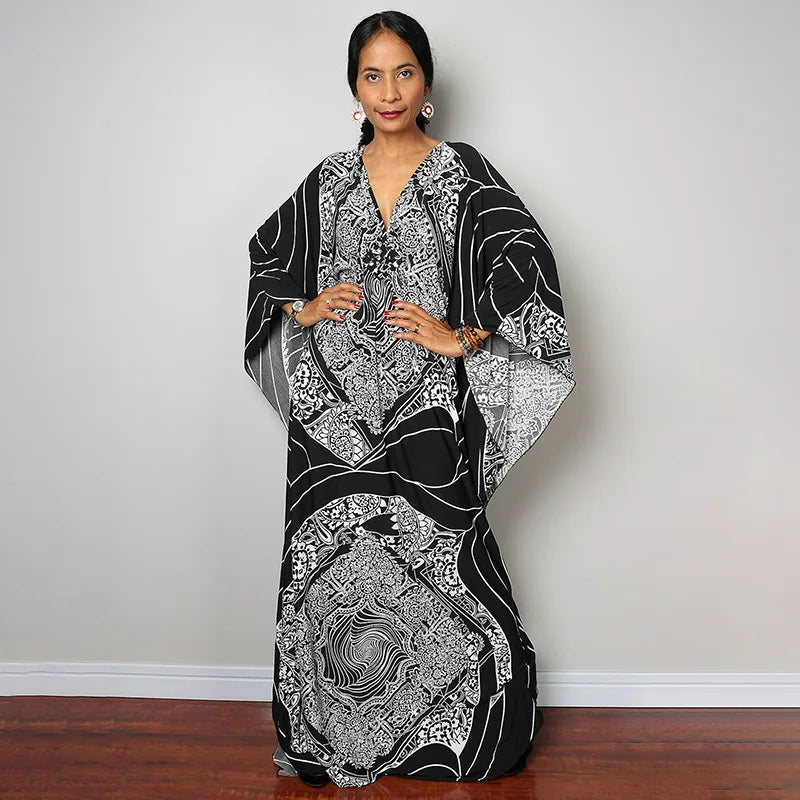 2023 Print Maxi Dress Batwing Sleeve Tunic Spring/Autumn Beach Dress Tunic Casual plus Size Women Beachwear Kaftan Sarongs