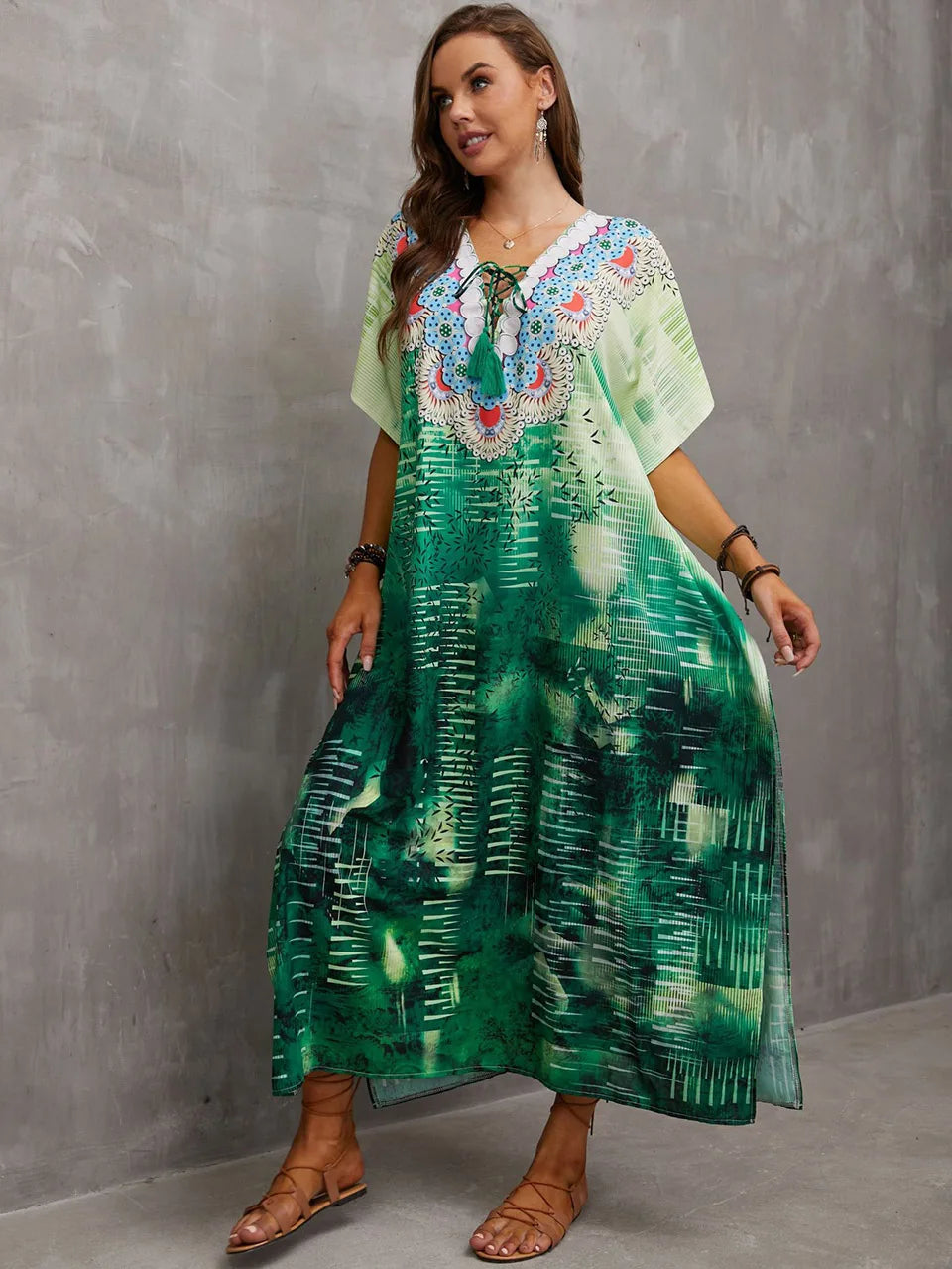 2023 Priint Maxi Dress Beach Cover up Kaftan Robe Plage Pareos V Neck Long Dresses Summer Women Bathing Suit Cover up Beachwear