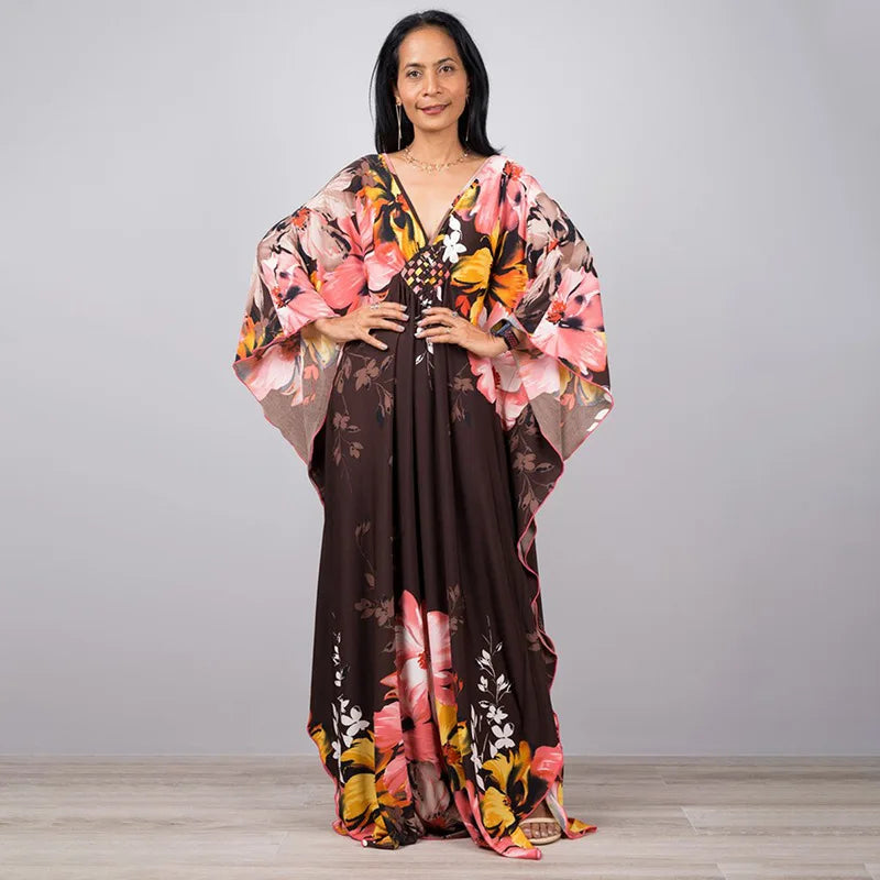 2023 Print Maxi Dress Batwing Sleeve Tunic Spring/Autumn Beach Dress Tunic Casual plus Size Women Beachwear Kaftan Sarongs