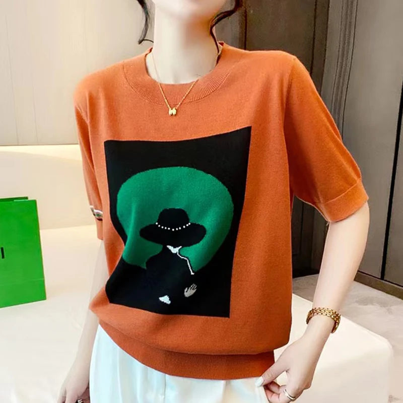 Contrast Color Women Knitted Short Sleeve T Shirt O Neck Elastic T-Shirt Summer Womens Tops Casual Woman Clothes Tee Shirt Femme