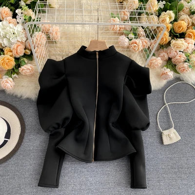2020 Autumn Winter Women Blouse and Tops Half Turtleneck Puff Long Sleeve Front and Back 2 Ways Wear Slim Fashion Femme Shirts