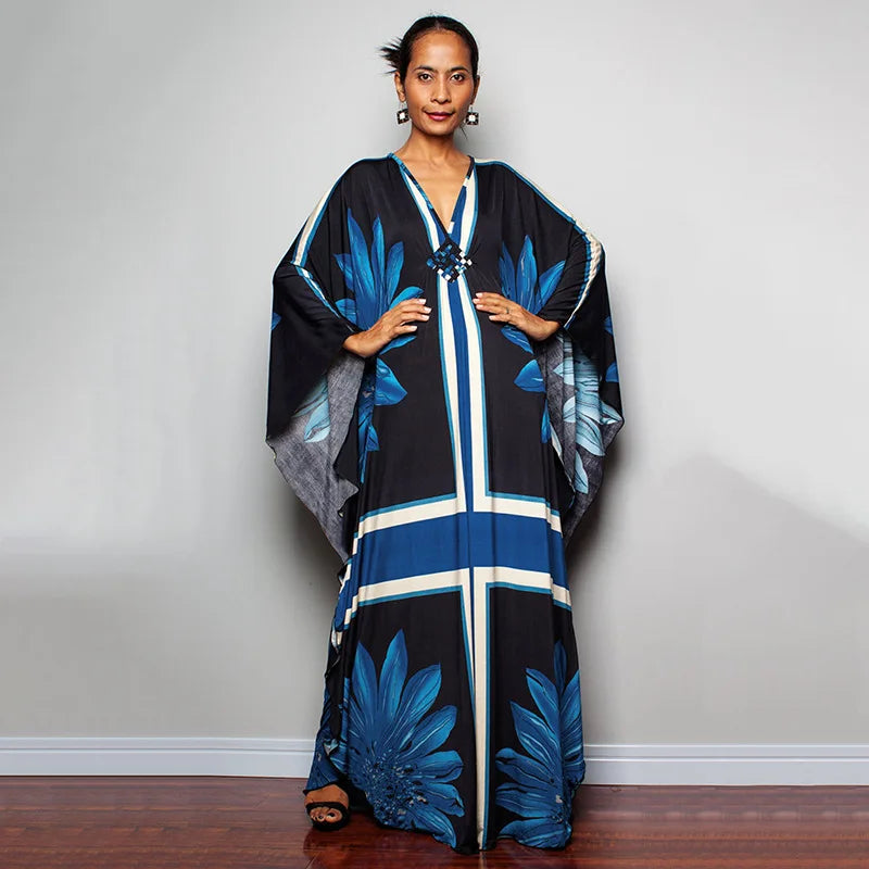 2023 Print Maxi Dress Batwing Sleeve Tunic Spring/Autumn Beach Dress Tunic Casual plus Size Women Beachwear Kaftan Sarongs