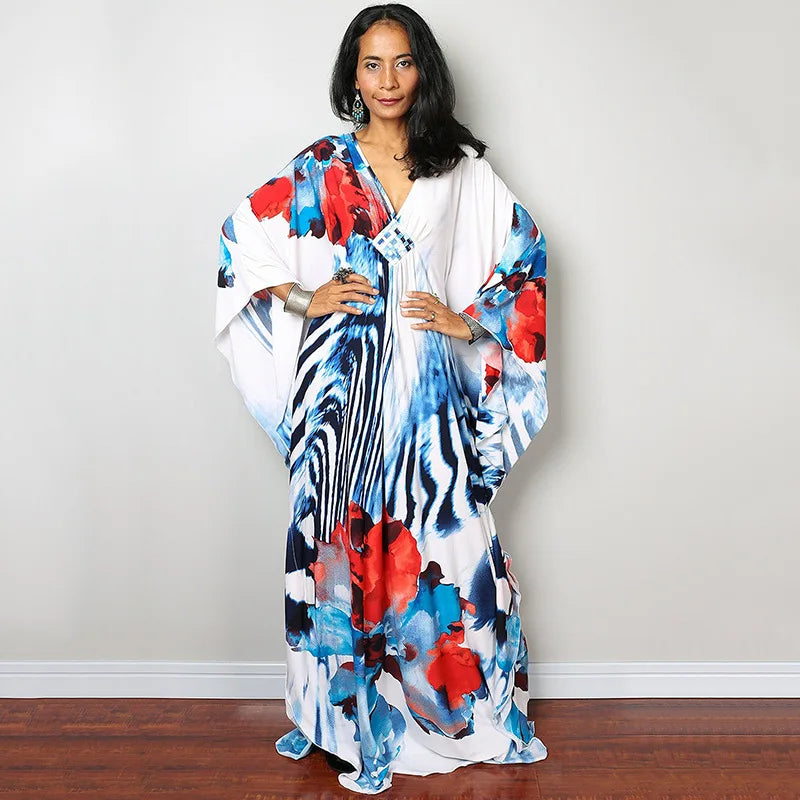 2023 Print Maxi Dress Batwing Sleeve Tunic Spring/Autumn Beach Dress Tunic Casual plus Size Women Beachwear Kaftan Sarongs