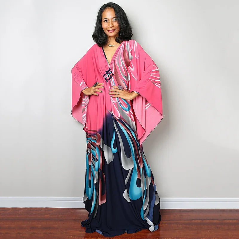 2023 Print Maxi Dress Batwing Sleeve Tunic Spring/Autumn Beach Dress Tunic Casual plus Size Women Beachwear Kaftan Sarongs