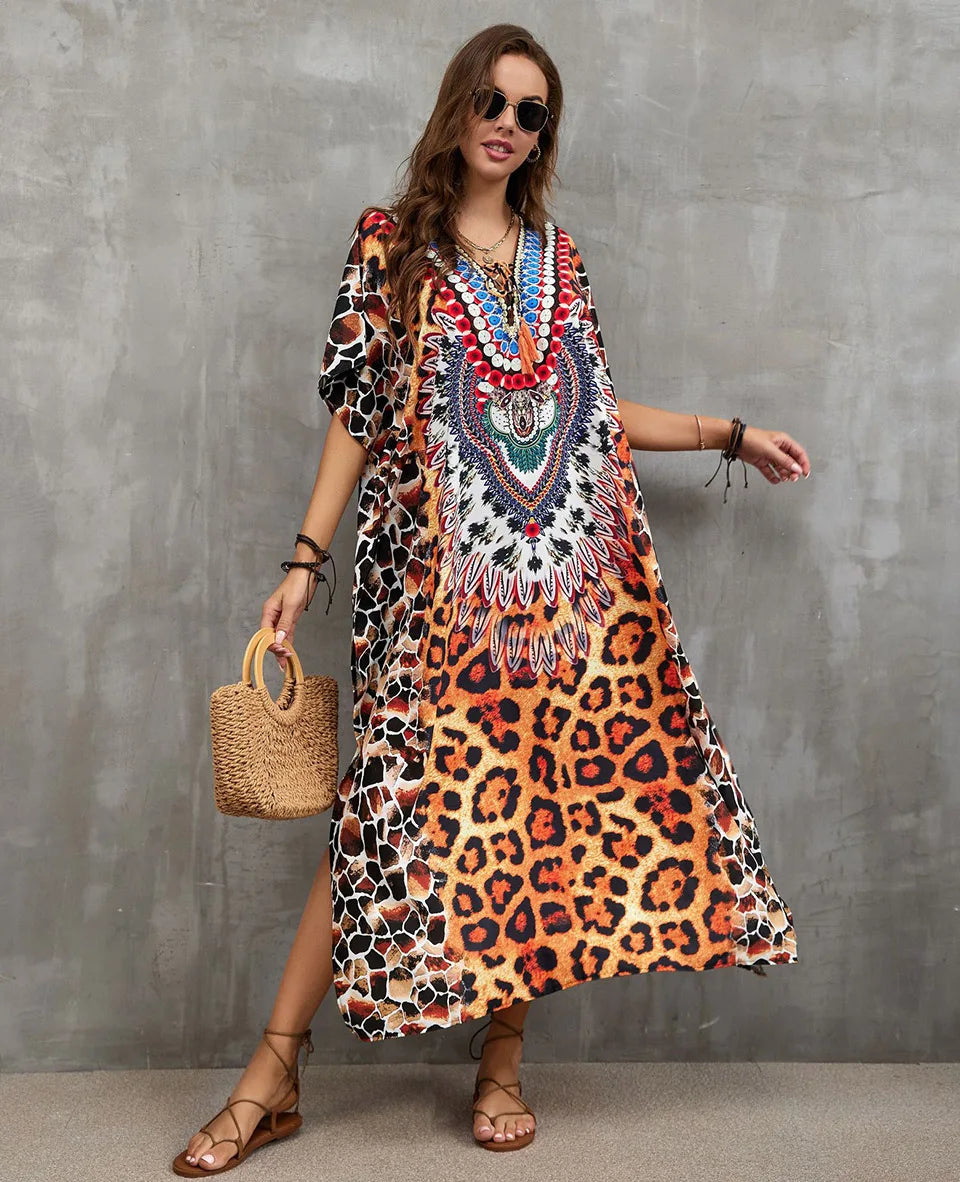 2023 Priint Maxi Dress Beach Cover up Kaftan Robe Plage Pareos V Neck Long Dresses Summer Women Bathing Suit Cover up Beachwear
