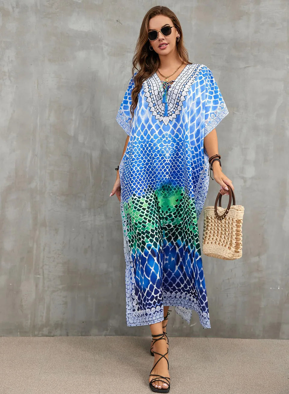 2023 Priint Maxi Dress Beach Cover up Kaftan Robe Plage Pareos V Neck Long Dresses Summer Women Bathing Suit Cover up Beachwear