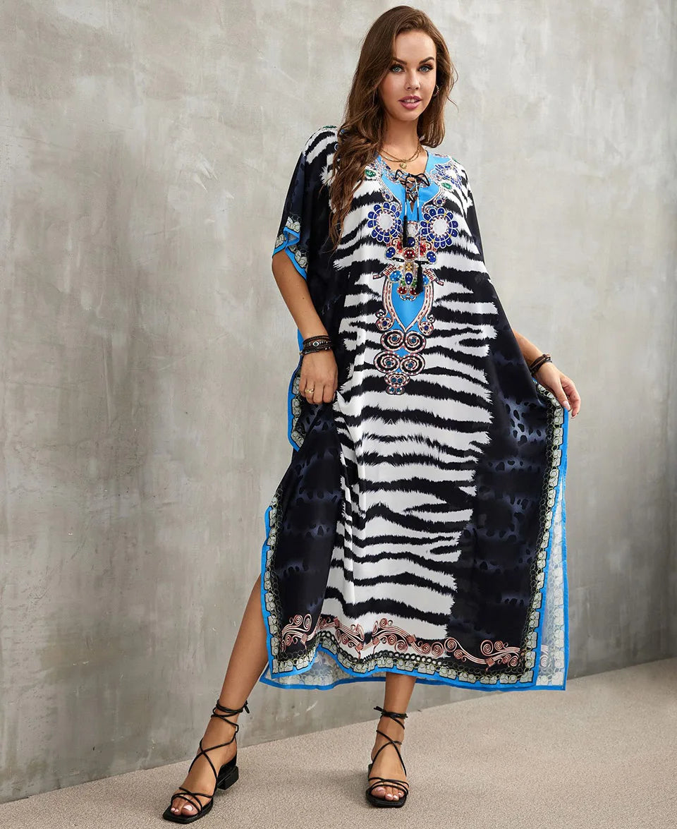 2023 Priint Maxi Dress Beach Cover up Kaftan Robe Plage Pareos V Neck Long Dresses Summer Women Bathing Suit Cover up Beachwear