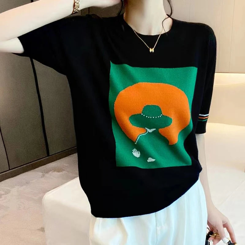 Contrast Color Women Knitted Short Sleeve T Shirt O Neck Elastic T-Shirt Summer Womens Tops Casual Woman Clothes Tee Shirt Femme