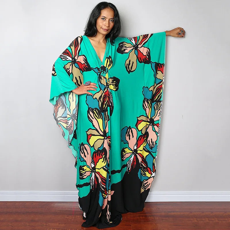 2023 Print Maxi Dress Batwing Sleeve Tunic Spring/Autumn Beach Dress Tunic Casual plus Size Women Beachwear Kaftan Sarongs
