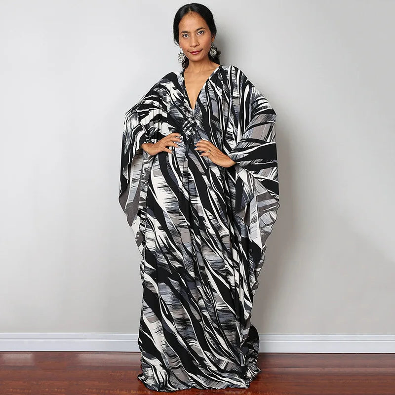 2023 Print Maxi Dress Batwing Sleeve Tunic Spring/Autumn Beach Dress Tunic Casual plus Size Women Beachwear Kaftan Sarongs