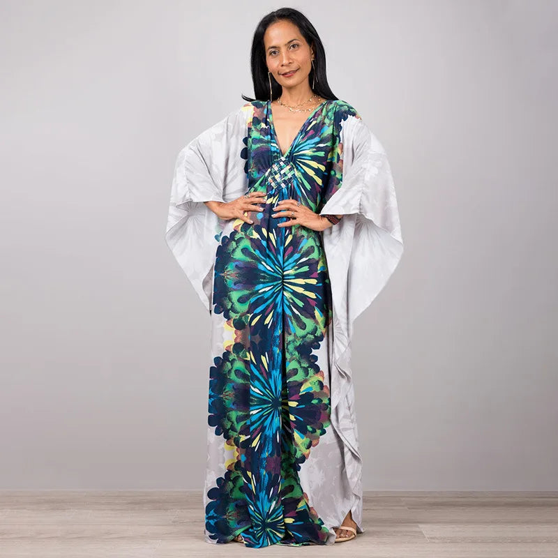 2023 Print Maxi Dress Batwing Sleeve Tunic Spring/Autumn Beach Dress Tunic Casual plus Size Women Beachwear Kaftan Sarongs