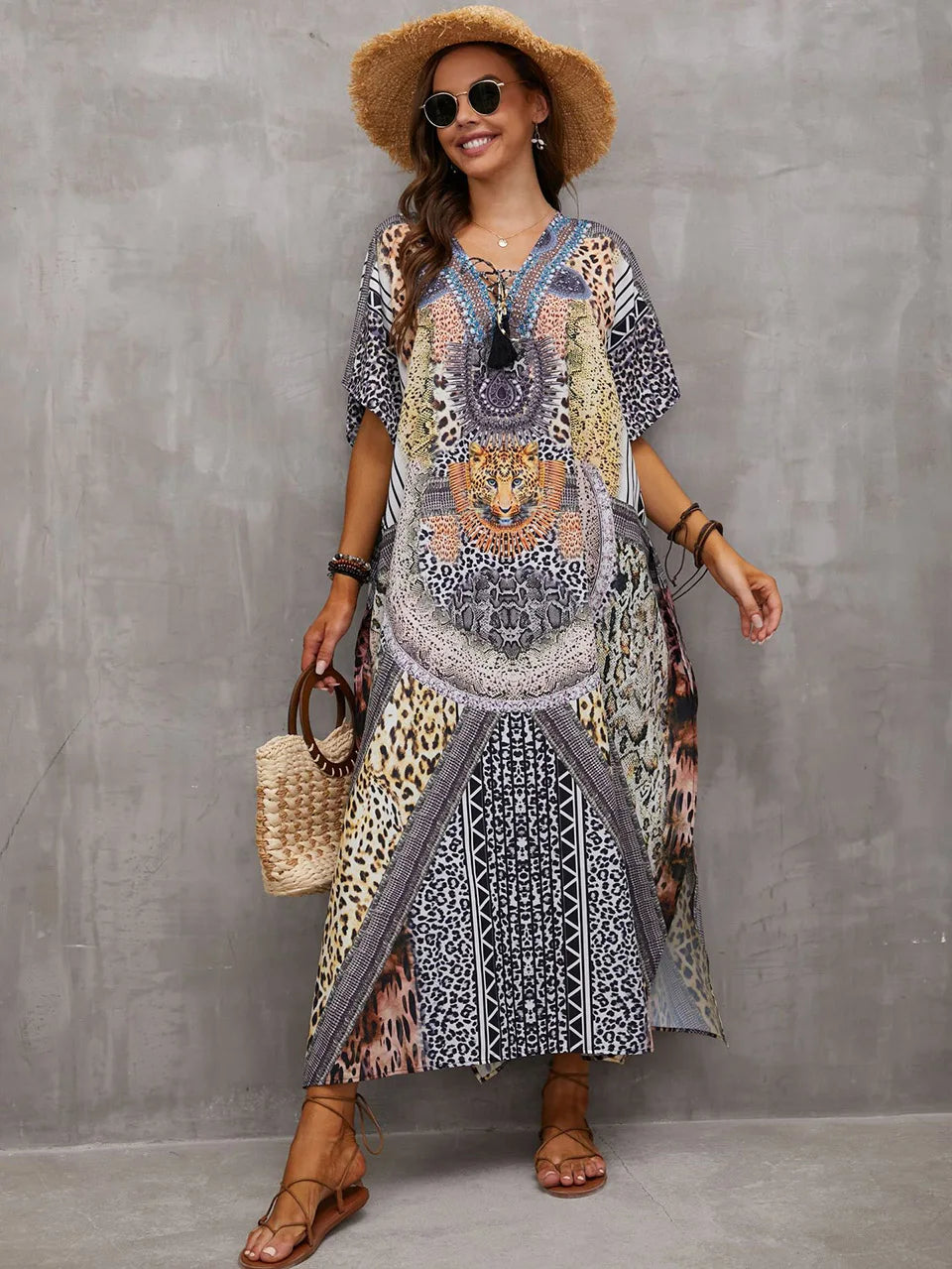 2023 Priint Maxi Dress Beach Cover up Kaftan Robe Plage Pareos V Neck Long Dresses Summer Women Bathing Suit Cover up Beachwear