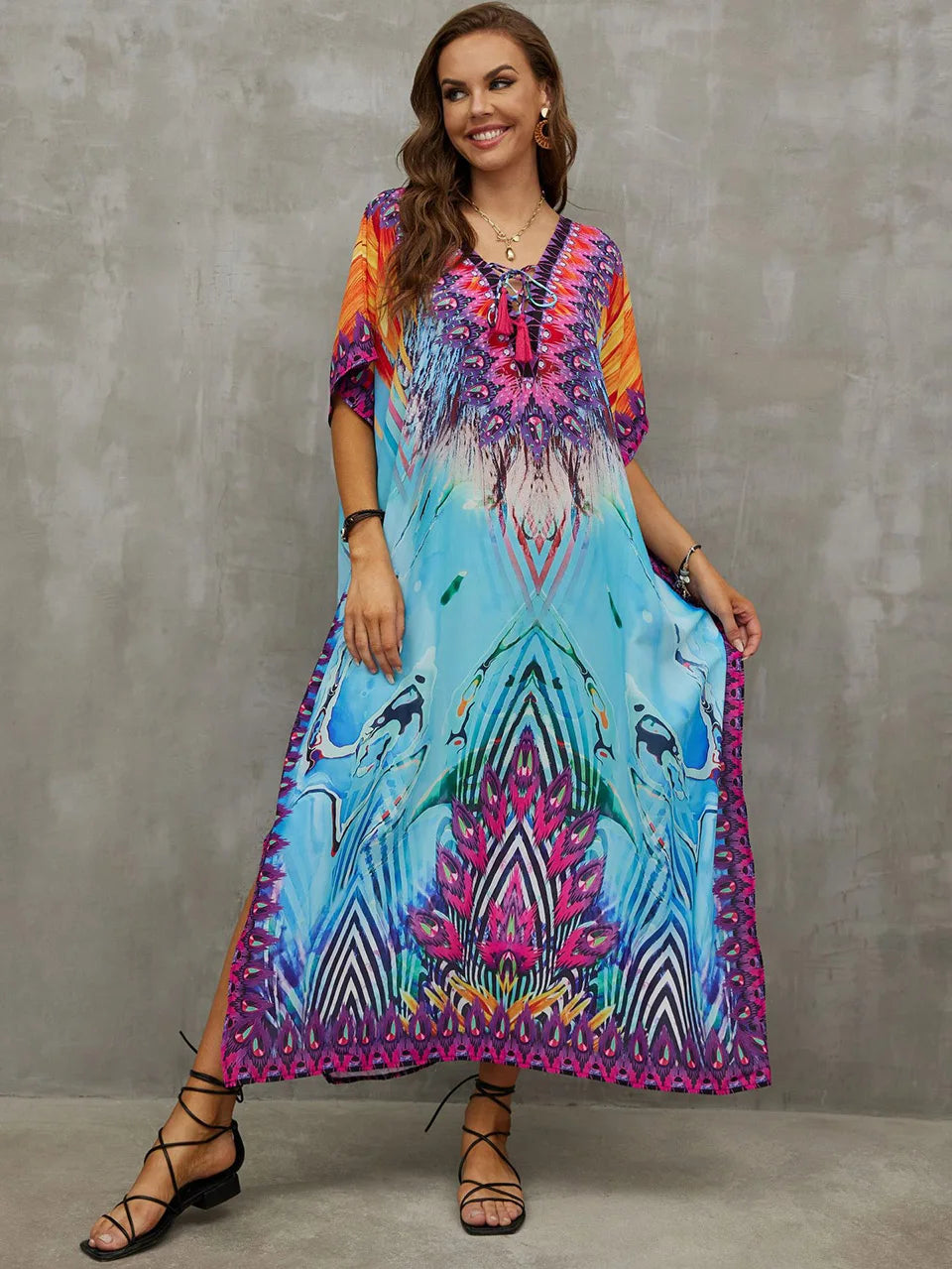 2023 Priint Maxi Dress Beach Cover up Kaftan Robe Plage Pareos V Neck Long Dresses Summer Women Bathing Suit Cover up Beachwear